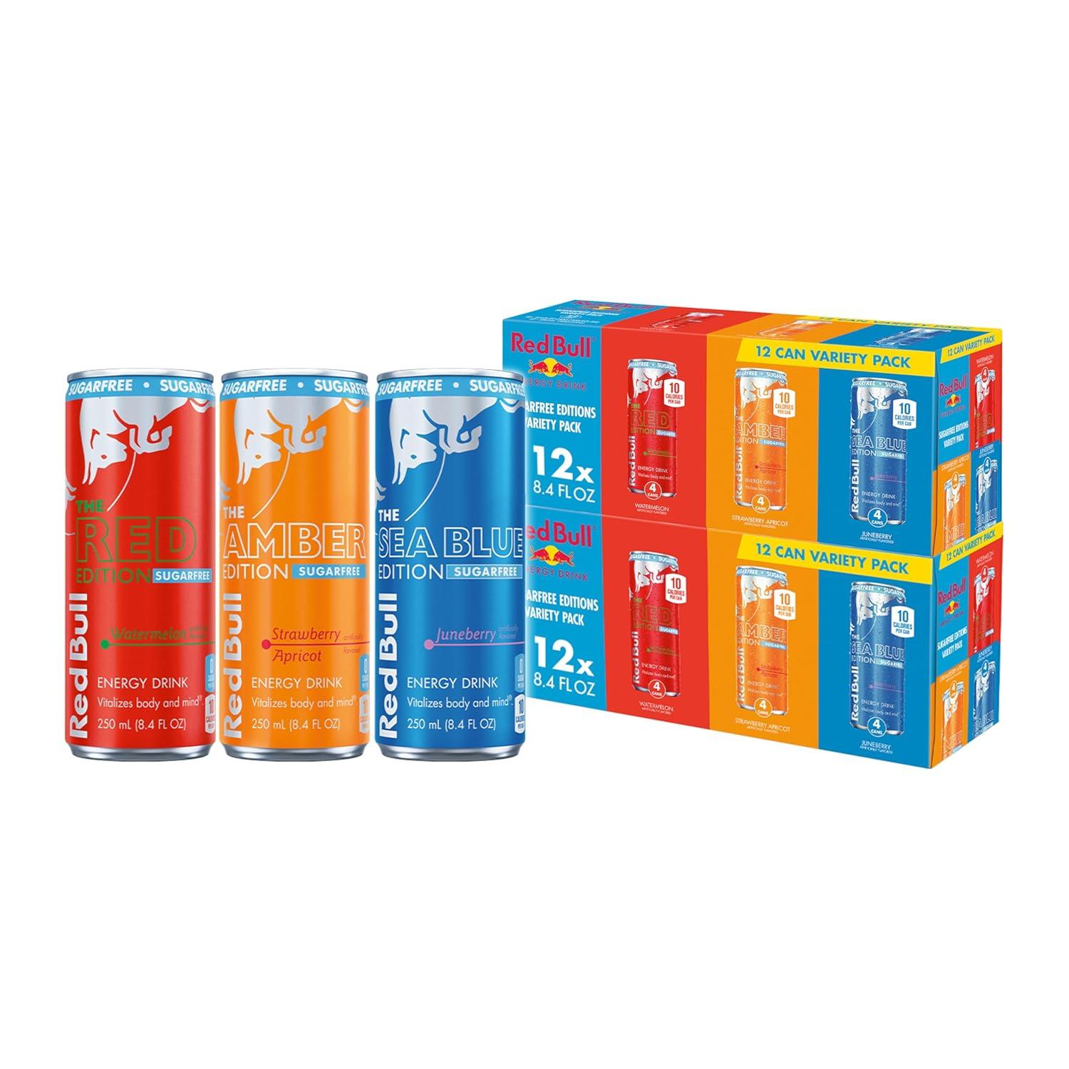 image:imageRed Bull Amber Edition Sugar Free Energy Drink Strawberry Apricot with 114mg Caffeine plus Taurine amp B Vitamins 12 Fl Oz 6 Packs of 4 Cans Pack of 24SugarFree Variety Pack