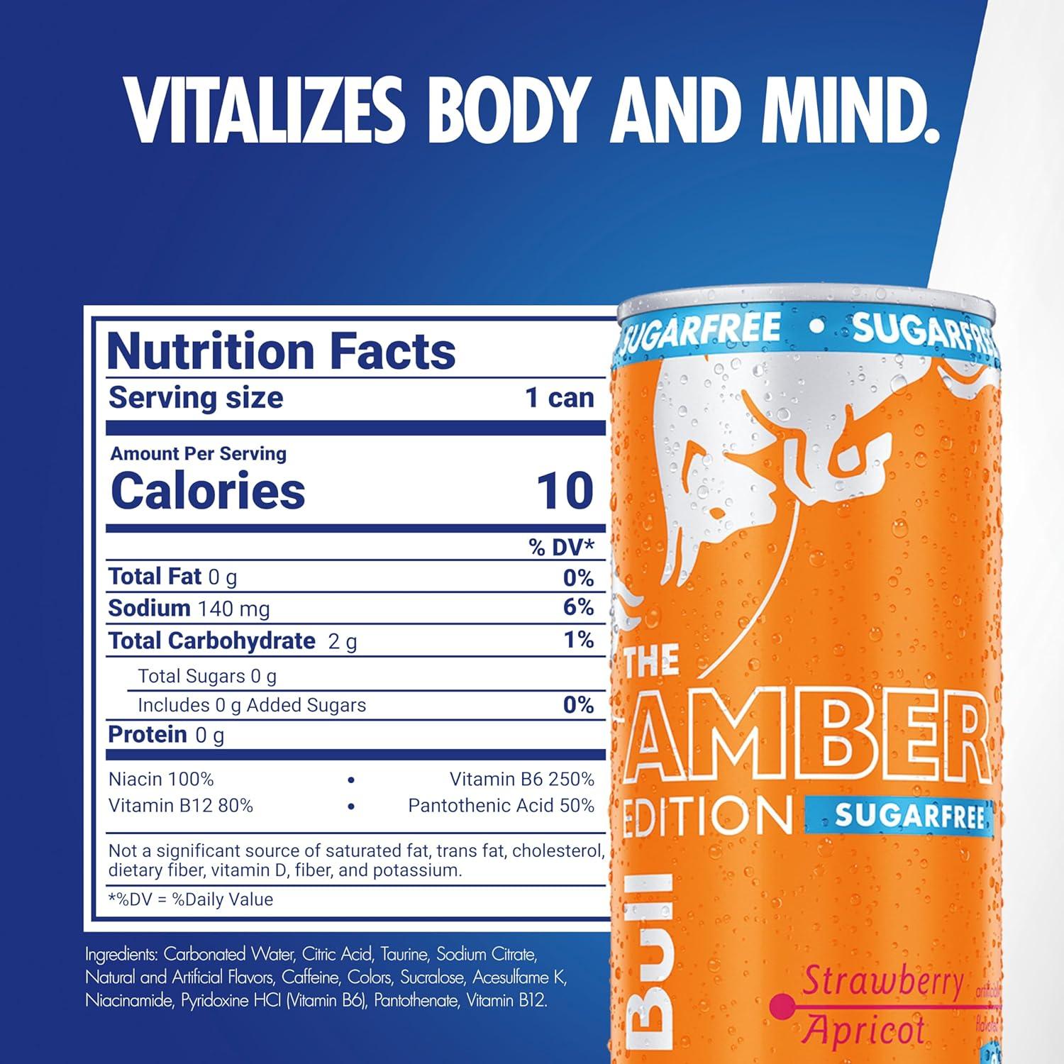 image:imageRed Bull Amber Edition Sugar Free Energy Drink Strawberry Apricot with 114mg Caffeine plus Taurine amp B Vitamins 12 Fl Oz 6 Packs of 4 Cans Pack of 24SugarFree StrawberryApricot