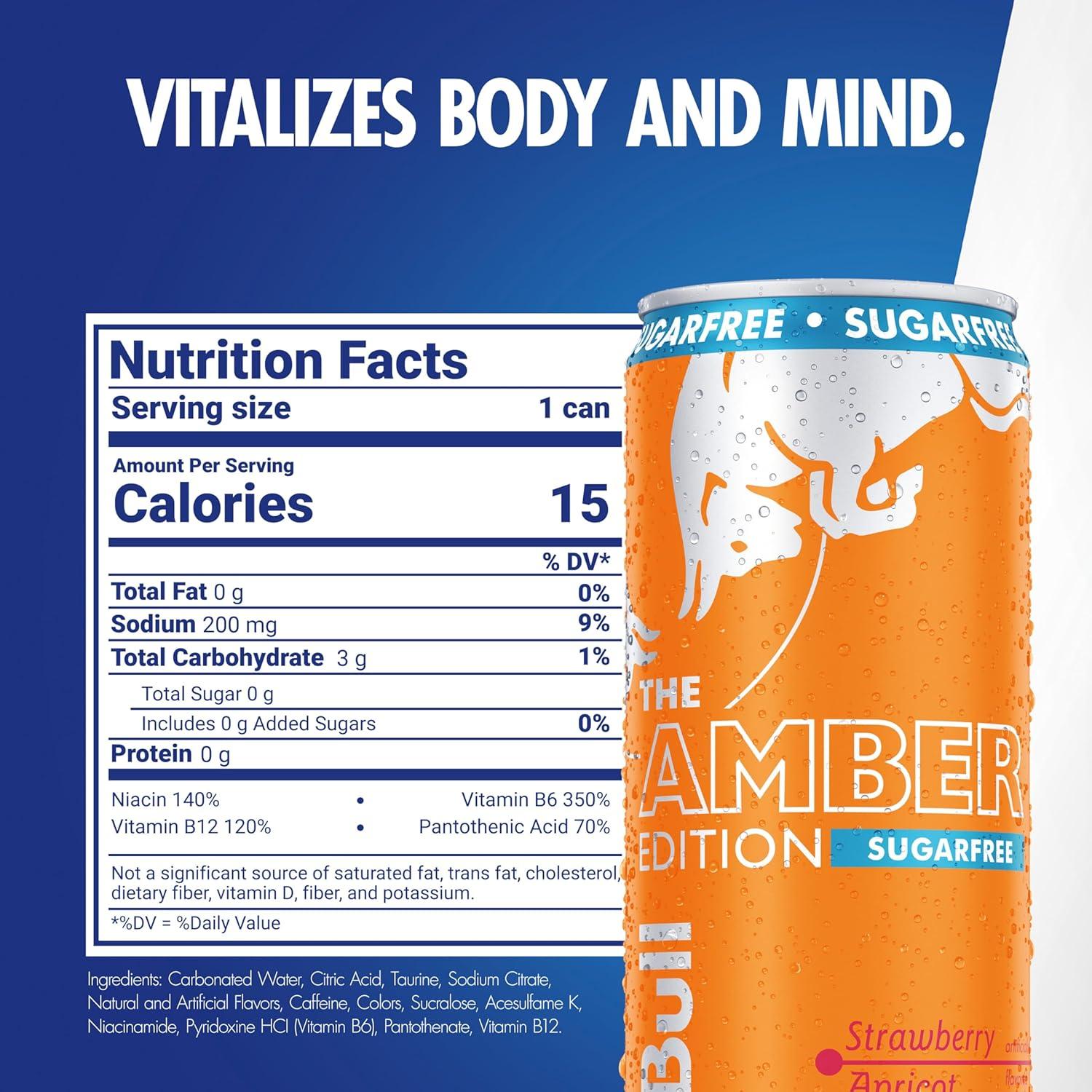 image:imageRed Bull Amber Edition Sugar Free Energy Drink Strawberry Apricot with 114mg Caffeine plus Taurine amp B Vitamins 12 Fl Oz 6 Packs of 4 Cans Pack of 24SugarFree StrawberryApricot