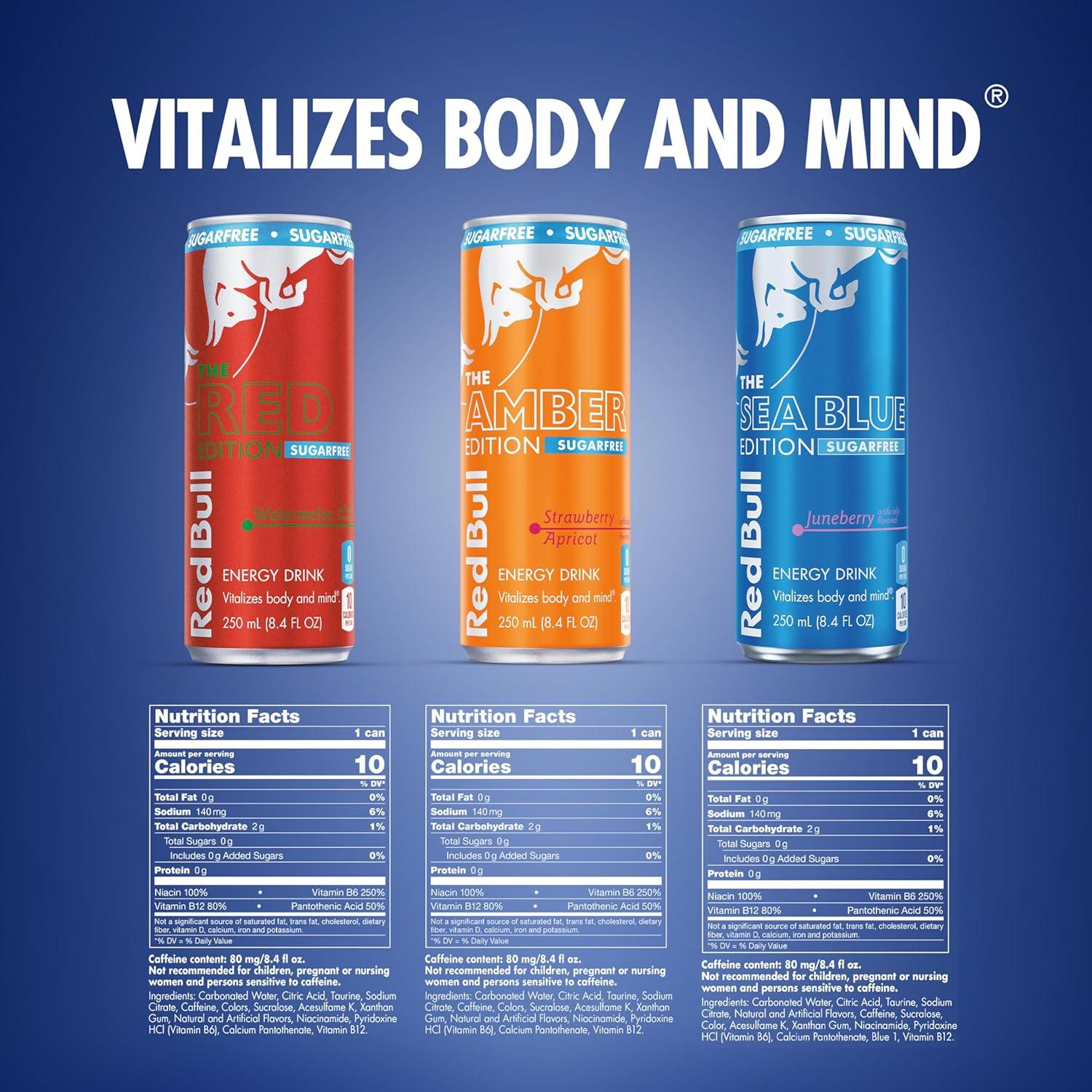 image:imageRed Bull Amber Edition Sugar Free Energy Drink Strawberry Apricot with 114mg Caffeine plus Taurine amp B Vitamins 12 Fl Oz 6 Packs of 4 Cans Pack of 24SugarFree Variety Pack