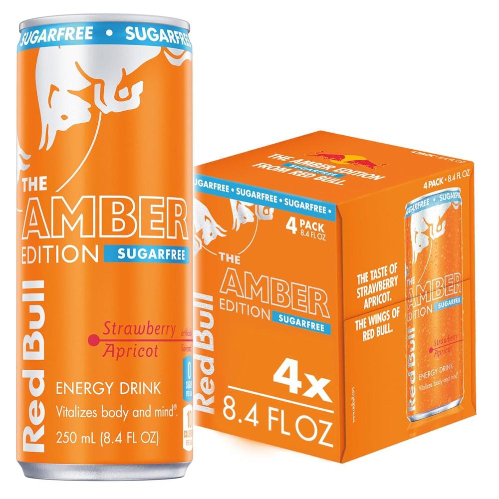 image:imageRed Bull Amber Edition Sugar Free Energy Drink Strawberry Apricot with 114mg Caffeine plus Taurine amp B Vitamins 12 Fl Oz 6 Packs of 4 Cans Pack of 24SugarFree StrawberryApricot