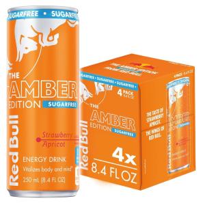 Red Bull Amber Edition Sugar Free Energy Drink, Strawberry Apricot, with 114mg Caffeine plus Taurine & B Vitamins, 12 Fl Oz, 6 Packs of 4 Cans (Pack of 24)(Sugar-Free Strawberry-Apricot)